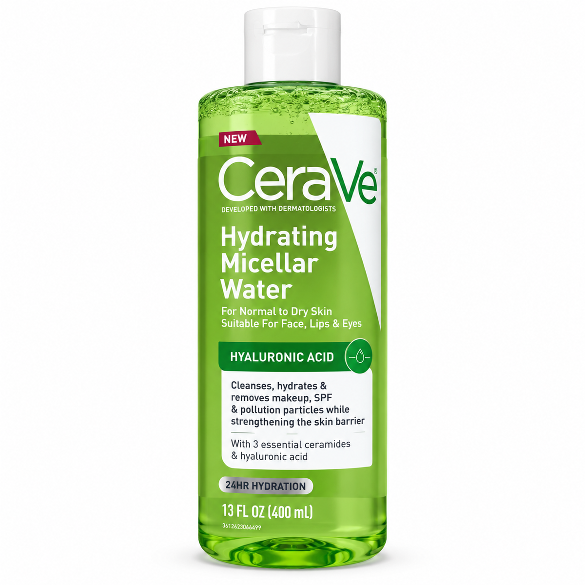 CeraVe Hydrating Micellar Water 400ml bottle, makeup remover and facial cleanser
