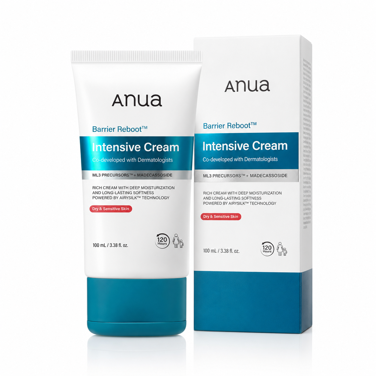 Anua Barrier Reboot Intensive Cream shown as a white squeeze tube and matching white retail box with blue and teal accents on a clean white background.