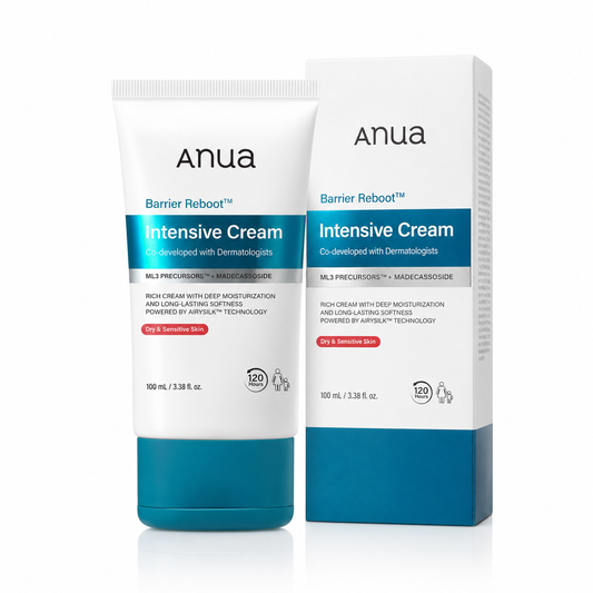 Anua Barrier Reboot Intensive Cream shown as a white squeeze tube and matching white retail box with blue and teal accents on a clean white background.