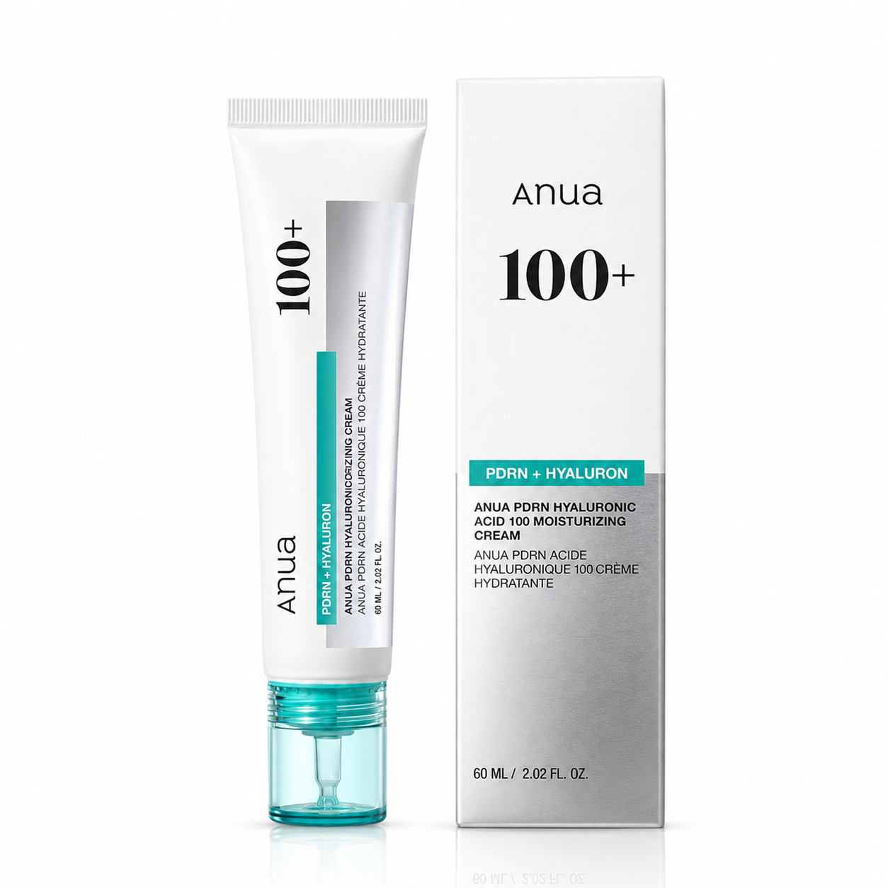 Anua 100+ Hyaluronic Acid 100 Moisturizing Cream shown in a white squeeze tube with a translucent aqua cap next to its matching white and silver packaging box.