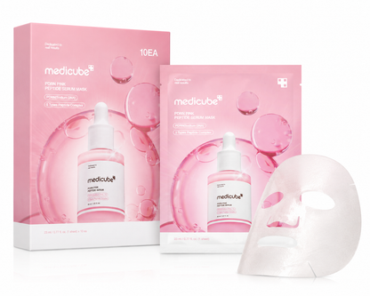 Medicube Port A Skin Serum Mask set, featuring a pink retail box, an individual packet, and a translucent white sheet mask on a clean white background.