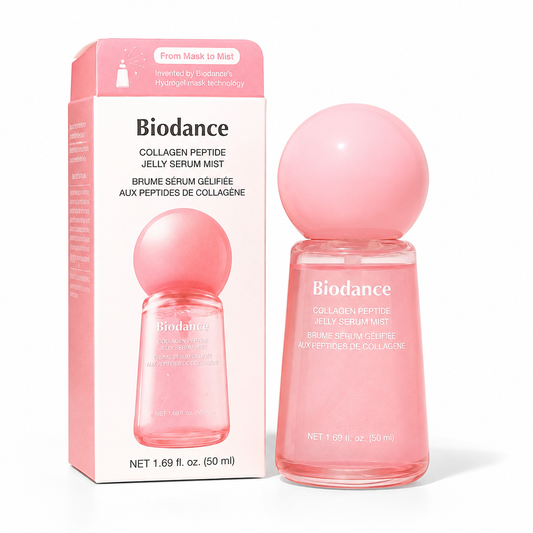 Biodance Collagen Peptide Jelly Serum Mist in a pink bottle with a matching pink spherical cap, shown next to its retail box on a clean white background.