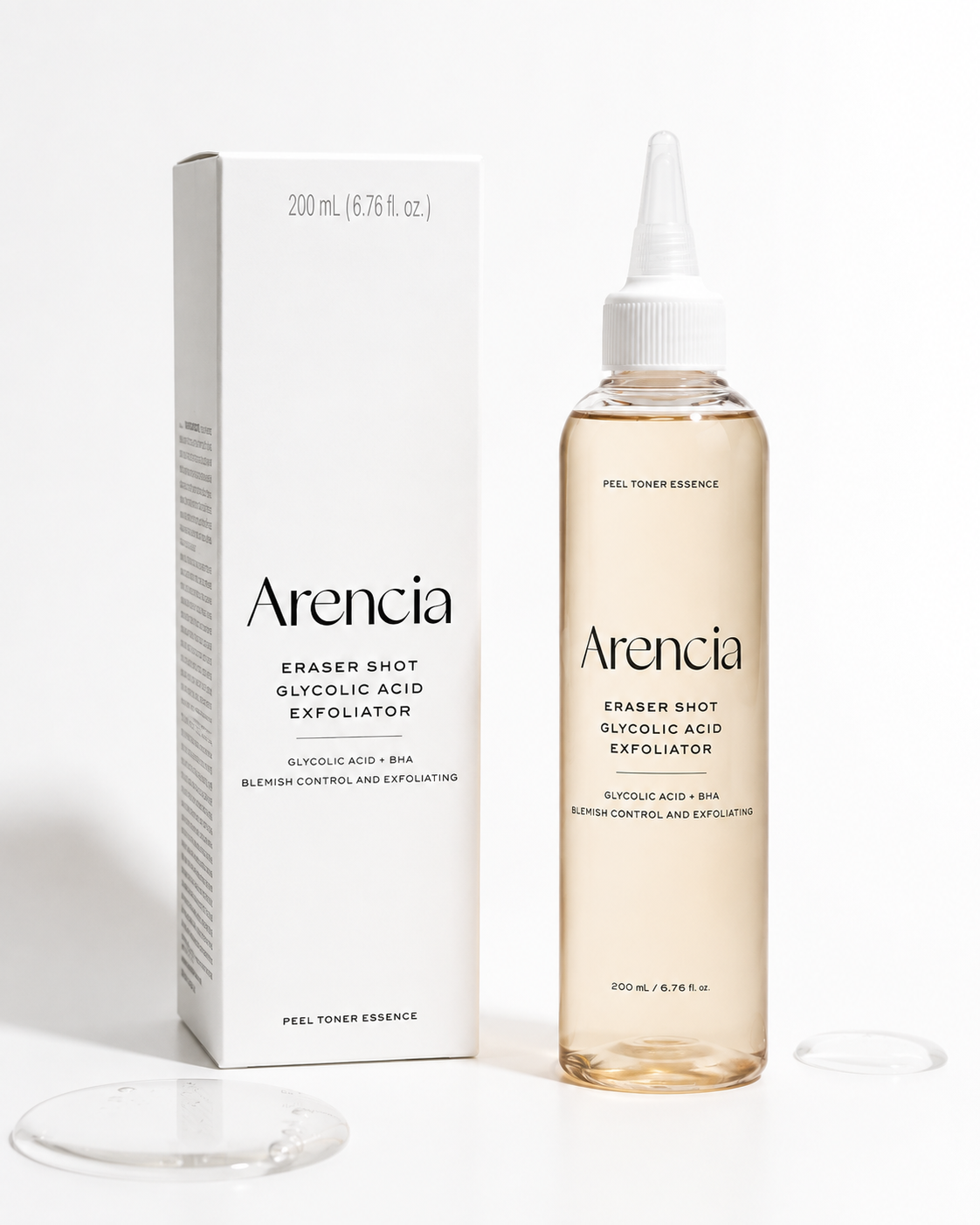 Arencia Eraser Shot Glycolic Acid Exfoliator bottle and its white packaging box, displayed on a clean white background with a clear gel droplet in the foreground.