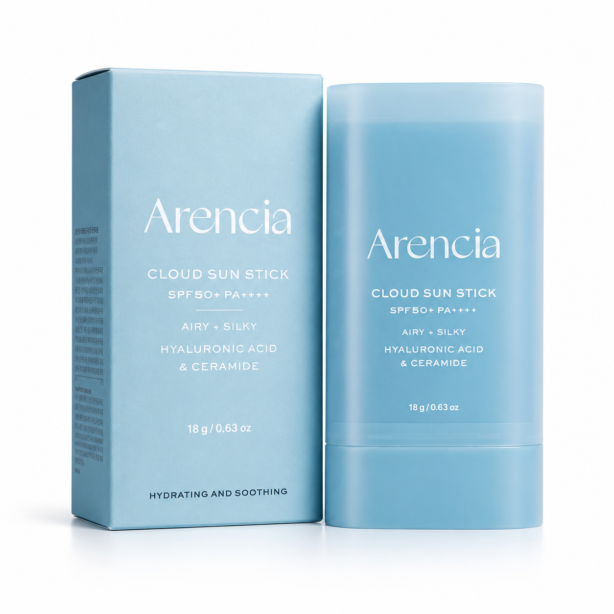 Arencia Cloud Sun Stick SPF 50+ in a light blue stick container next to its matching light blue box packaging, on a clean white background.