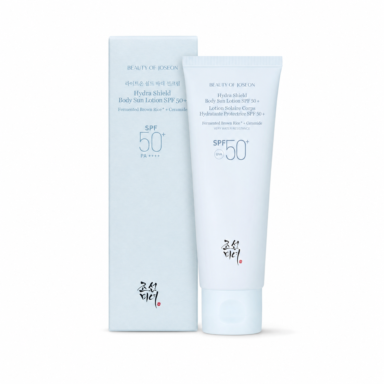 Beauty of Joseon Hydra Shield Body Sun Lotion SPF 50+ in a light blue squeeze tube next to its matching light blue packaging box, on a clean white background.