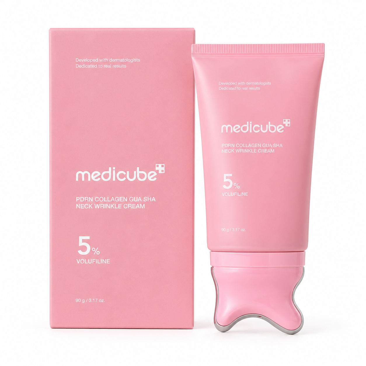 Medicube 5% Volufiline skin booster cream shown in a pink squeeze tube with a sculptural metallic base, next to its matching pink packaging box on a white background.
