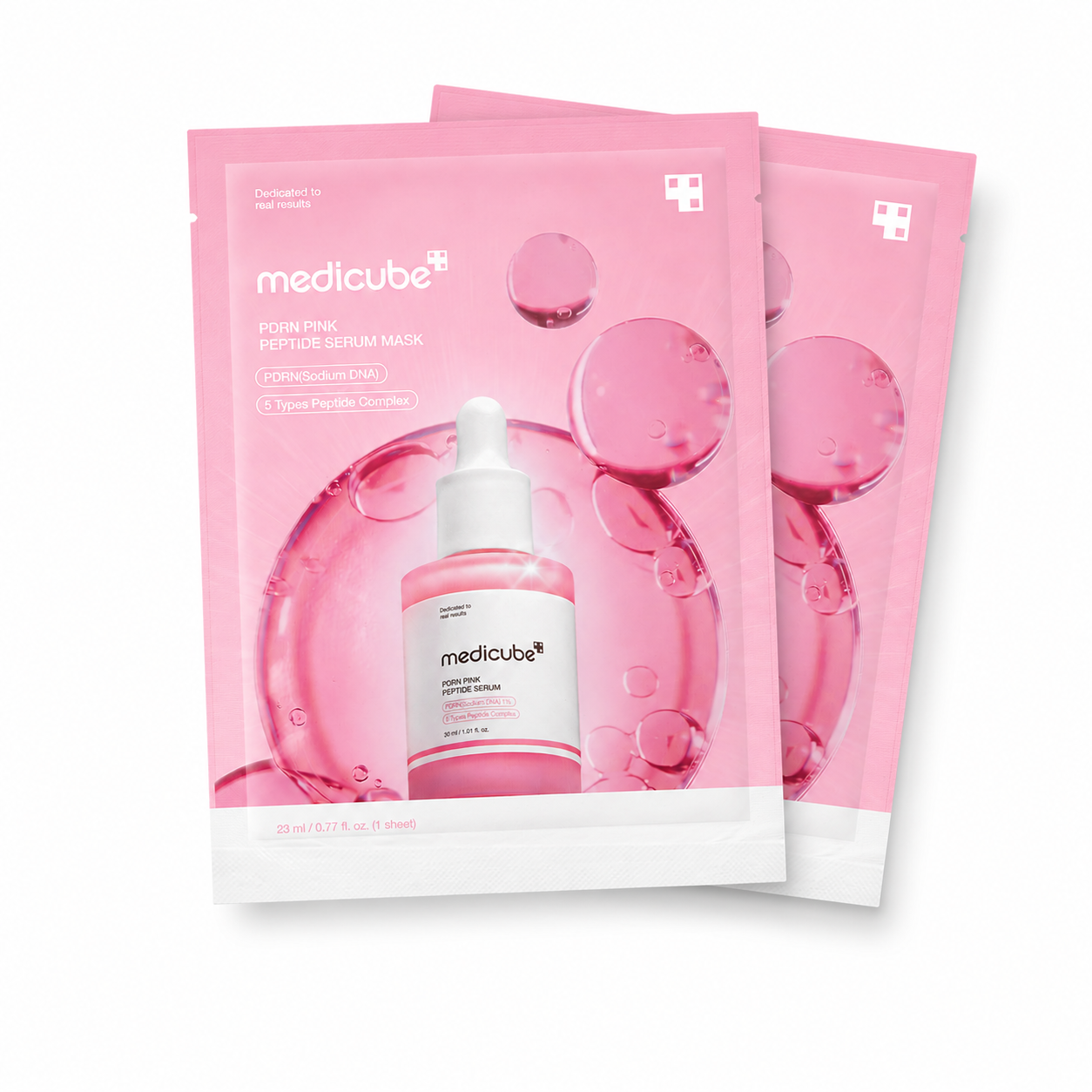 Two pink Medicube FGN19 PNA Peptide Serum Mask pouches overlapping on a white background, with a bottle illustration printed on the front.