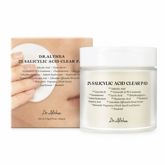 Dr. Althea 2% Salicylic Acid Clear Pad 65 pads box and toner pad container