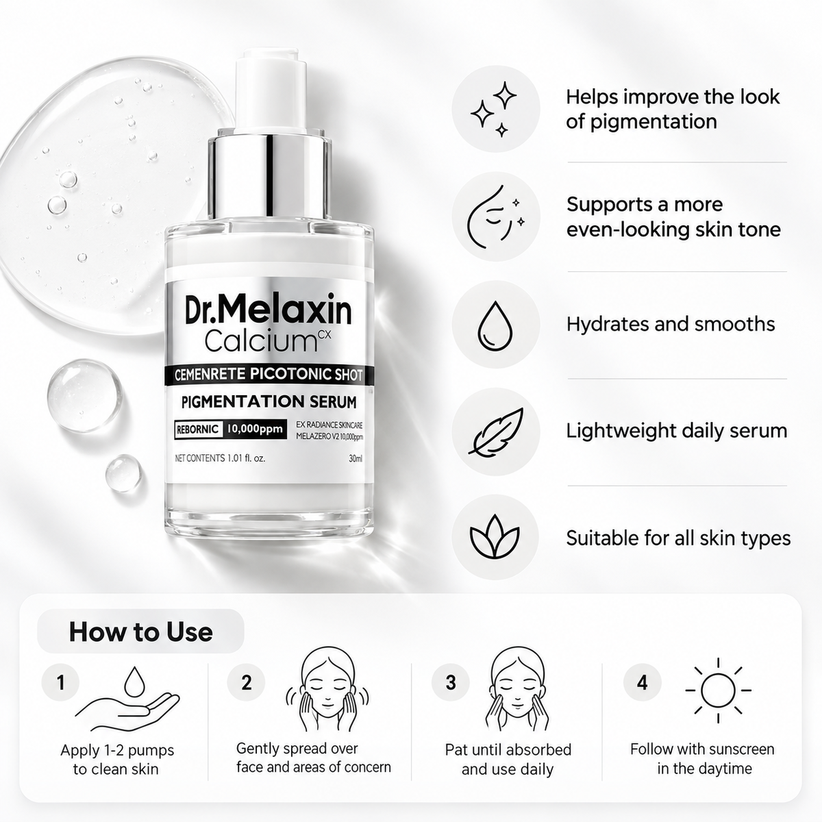 Dr. Melaxin Calcium CX Cemenrete Picotonic Shot Pigmentation Serum Usage and benefits