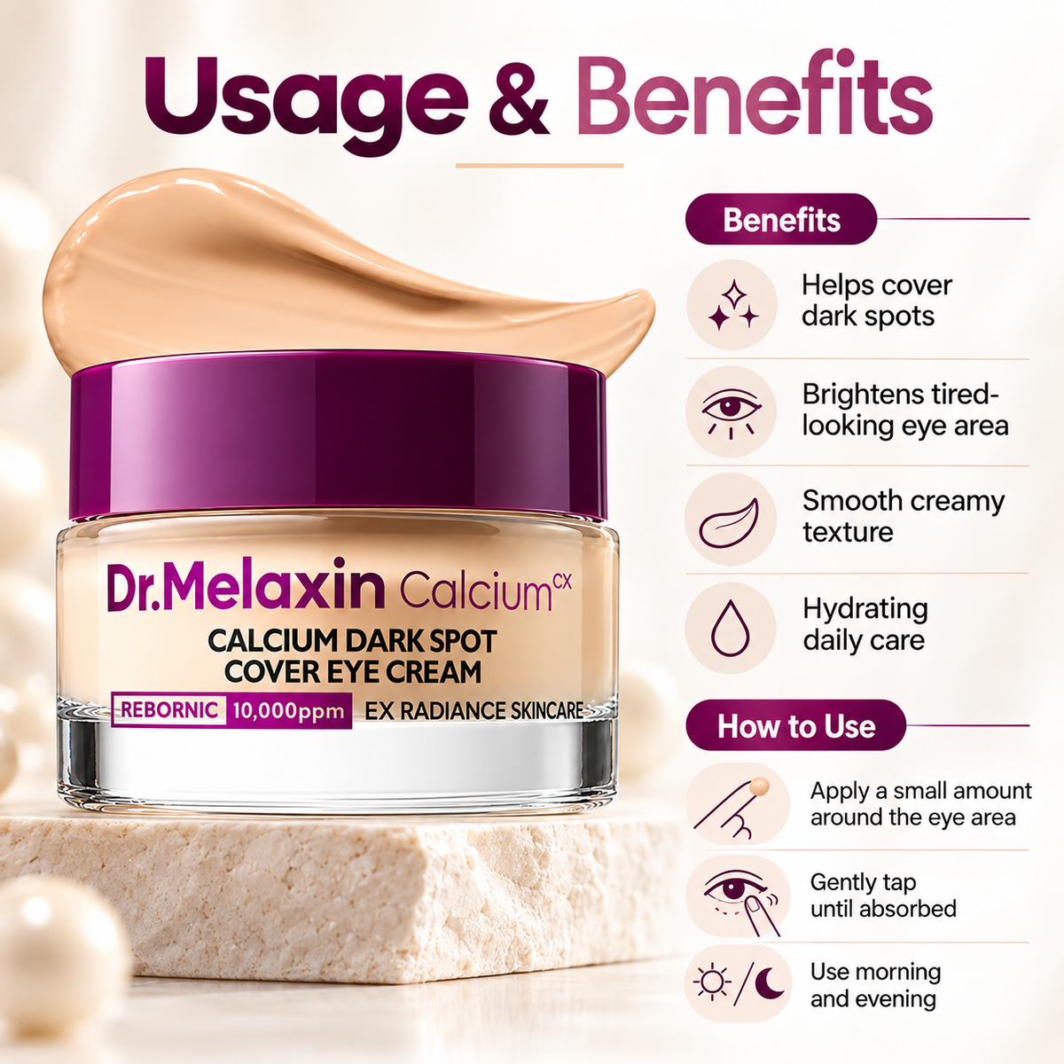 Dr. Melaxin Calcium Dark Spot Cover Eye Cream jar for brightening under-eye