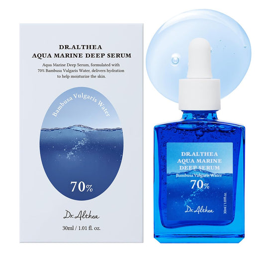 Dr Althea Aqua Marine Deep Serum 30ml bottle with pump for hydrating and revitalizing skin, displayed on a neutral background.