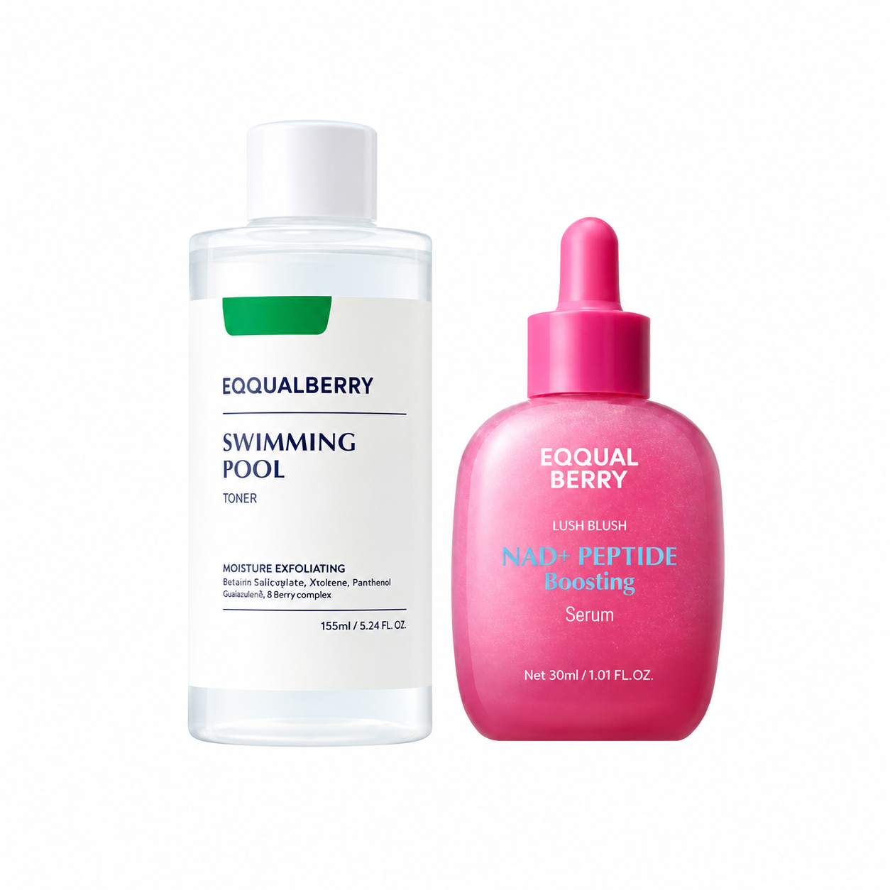 EQQUALBERRY Swimming Pool Toner & NAD+ Serum Set for Korean skincare duo for hydration, texture, firmness, fine lines and glow - Glam Secret