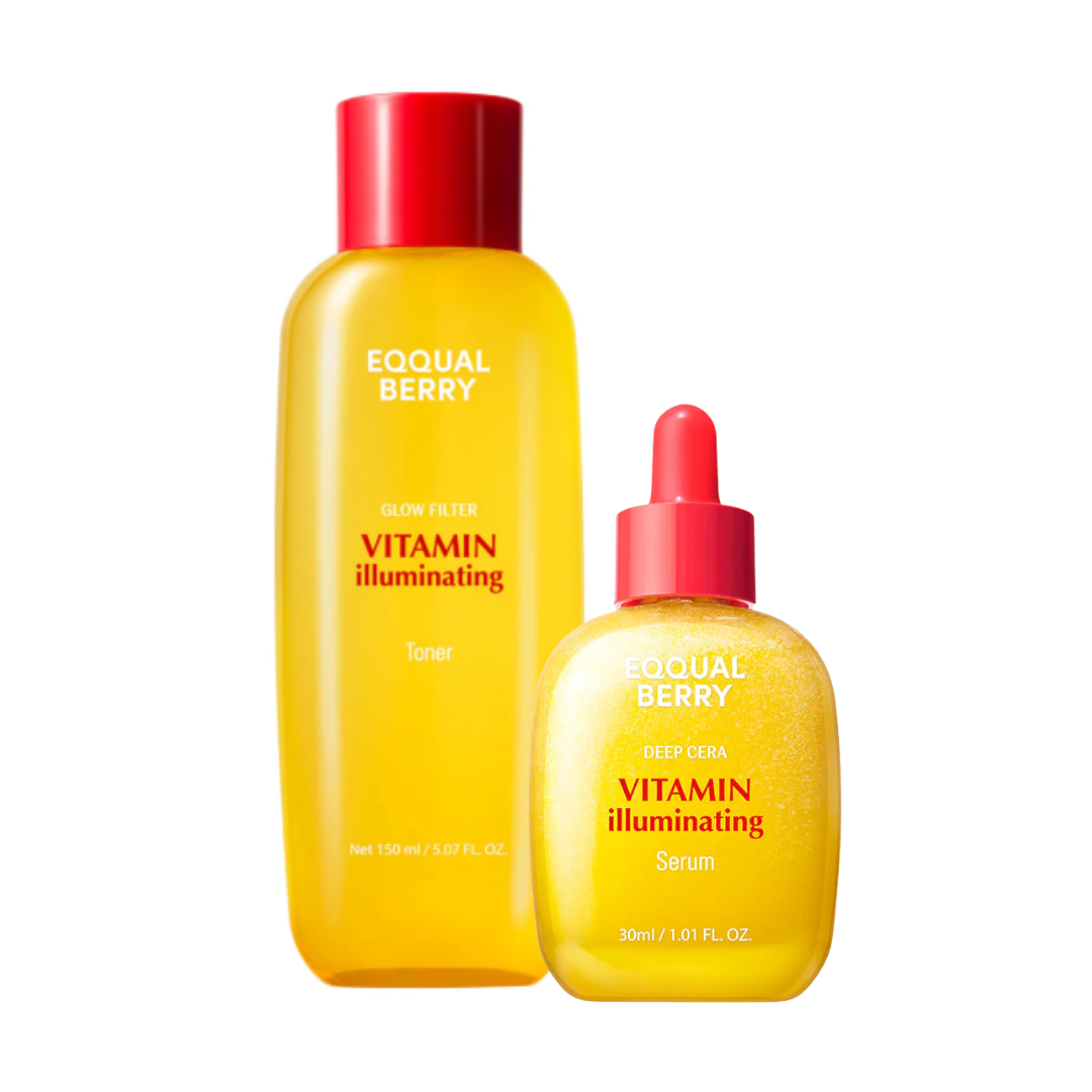EQQUALBERRY Vitamin Toner & Serum Duo at Glam Secret UAE. Brightening Korean skincare set for dark spots, dullness, glow and hydration.