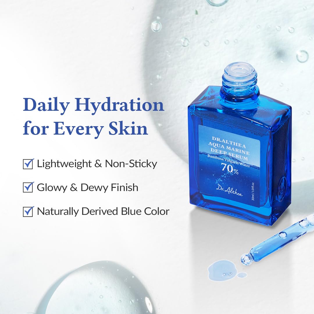 Dr Althea Aqua Marine Deep Serum 30ml, Korean face serum with hydrating ingredients in a sleek blue bottle.