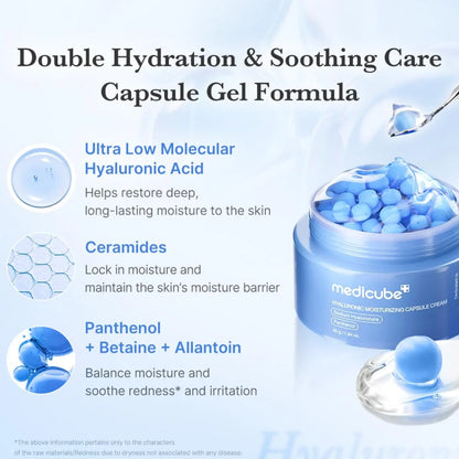 Medicure hyaluronic moisturizing capsule cream in a 50g jar, showcasing the cream's smooth texture and packaging