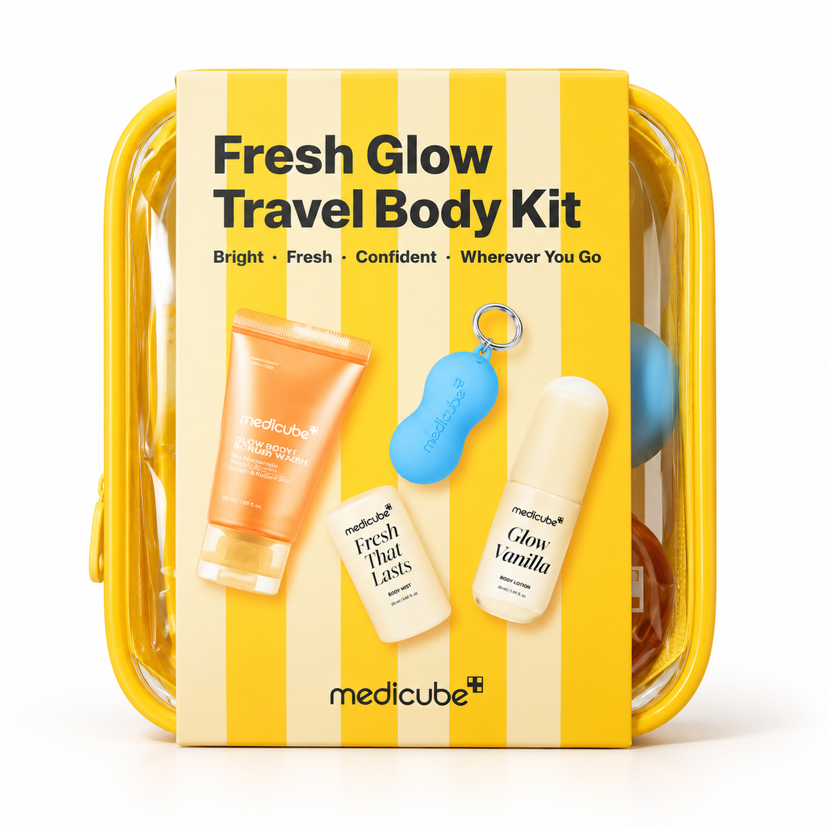 Medicube Fresh Glow Travel Body Kit with Glow Body Scrub Wash, Fresh That Lasts Body Mist, Glow Vanilla Lotion and yellow travel pouch at Glam Secret UAE
