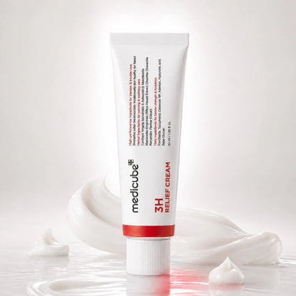 Medicube 3H Relief Cream in a glass jar, Korean relief skincare cream for soothing and calming skin.
