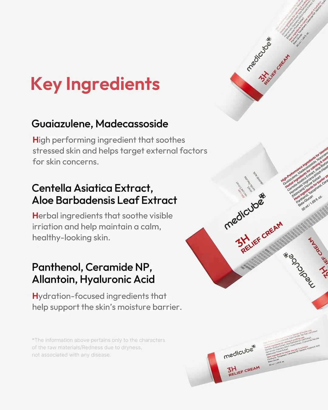 Medicube 3H Relief Cream in a jar, Korean skin relief and repair cream with soothing ingredients for sensitive skin.