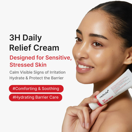 Medicube 3H Relief Cream, a Korean relief cream, shown in a white jar with blue and green accents on a plain background.