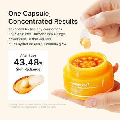 Medicube Kojic Acid Turmeric Vita Capsule Cream in a 53g jar, featuring a smooth, white cream with turmeric and kojic acid ingredients 