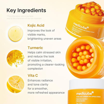 Medicube Kojic Acid Turmeric Vita Capsule Cream in a 53g jar, showcasing the cream’s smooth texture and vibrant packaging