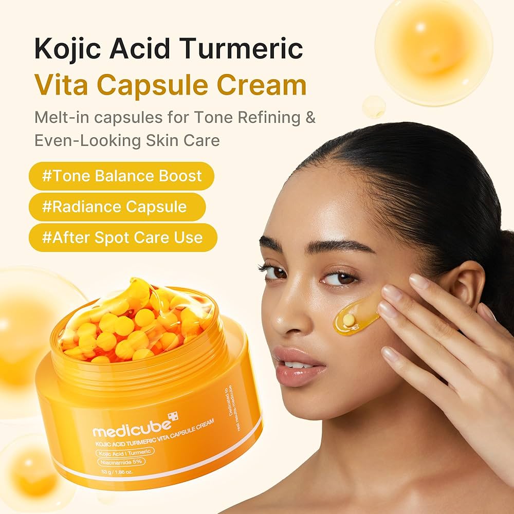 Medicube Kojic Acid Turmeric Vita Capsule Cream in a 53g jar, showing the cream texture and packaging 