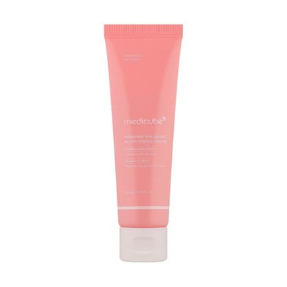 Medicube PDRN Pink Hyaluronic Moisturizing Cream 50g jar with pink and white packaging, showing the cream inside glam secret