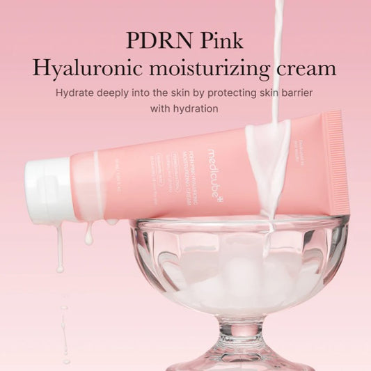 Medicube PDRN Pink Hyaluronic Moisturizing Cream 50g jar with pink branding and smooth cream texture visible 
