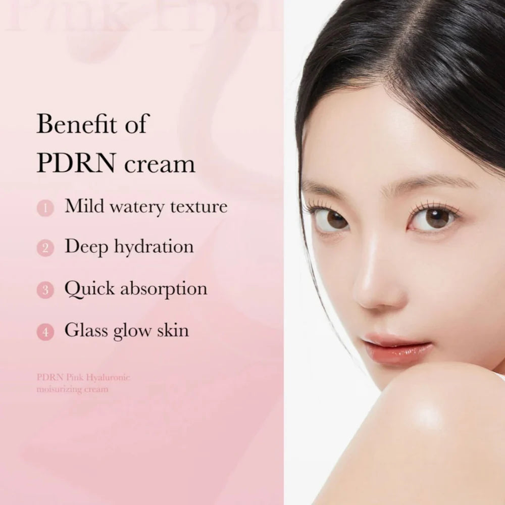 Medicube PDRN Pink Hyaluronic Moisturizing Cream in 50g jar, showing smooth pink cream inside with packaging details 
