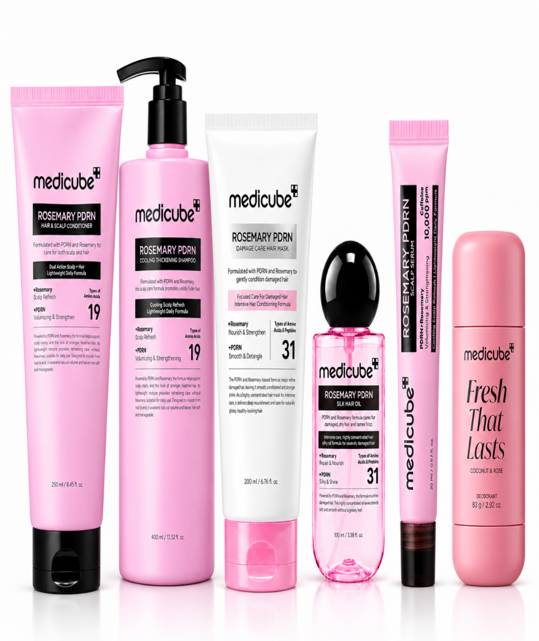 Medicube Rosemary PDRN 6 Piece Hair and Body Care Set with Shampoo, Conditioner, Hair Mask, Hair Oil, Scalp Serum and Coconut Rose Deodorant