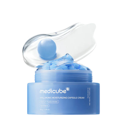 Medicube hyaluronic moisturizing capsule cream in a 50g jar, showing the smooth, hydrating cream inside the packaging. 