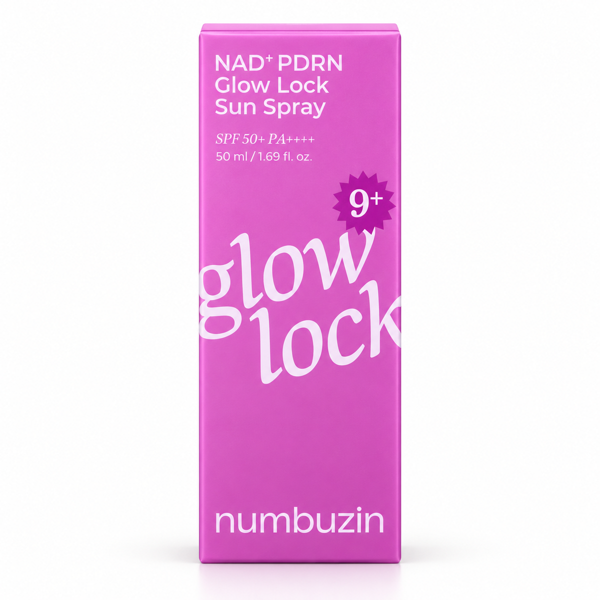 Numbuzin No.9+ NAD+ PDRN Glow Lock Sun Spray SPF50+ PA++++ 50ml pink packaging at Glam Secret UAE