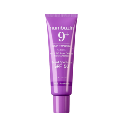 Numbuzin No.9 Nad+ 9 Peptides Dewy Sun Essence 50ml no white cast sunscreen bottle with a sleek design.