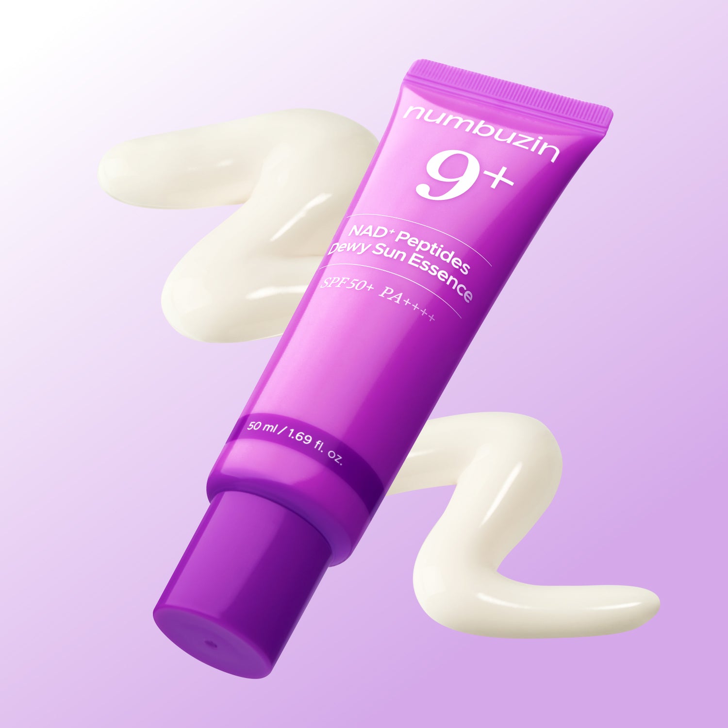Numbuzin No. 9 Nad+ 9 Peptides Dewy Sun Essence 50ml no white cast sunscreen with dewy finish in a sleek bottle.