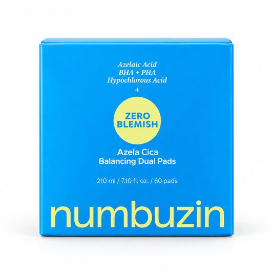 Numbuzin No.0 Zero Blemish Azela Cica Balancing Dual Pads 60 Pads 210ml blue packaging for blemish-prone skin at Glam Secret UAE