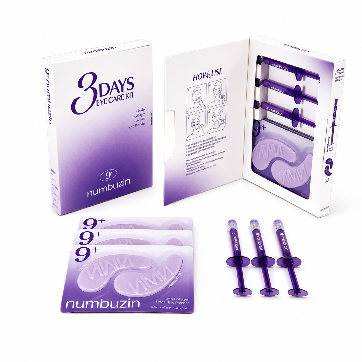 Numbuzin No.9 NAD+ 3 Days Eye Care Kit at Glam Secret UAE. Korean eye patches and cream for puffiness, dark circles, fine lines and glow.