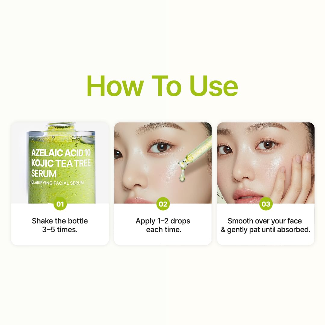 Purito Azelaic Acid 10 Kojic Tea Tree Face Serum in 30ml bottle, clear liquid with dropper applicator 