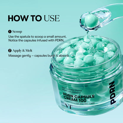 VT PDRN Capsule Cream 50ml jar with a smooth, glowing skin appearance, showcasing the nourishing PDRN skincare formula.
