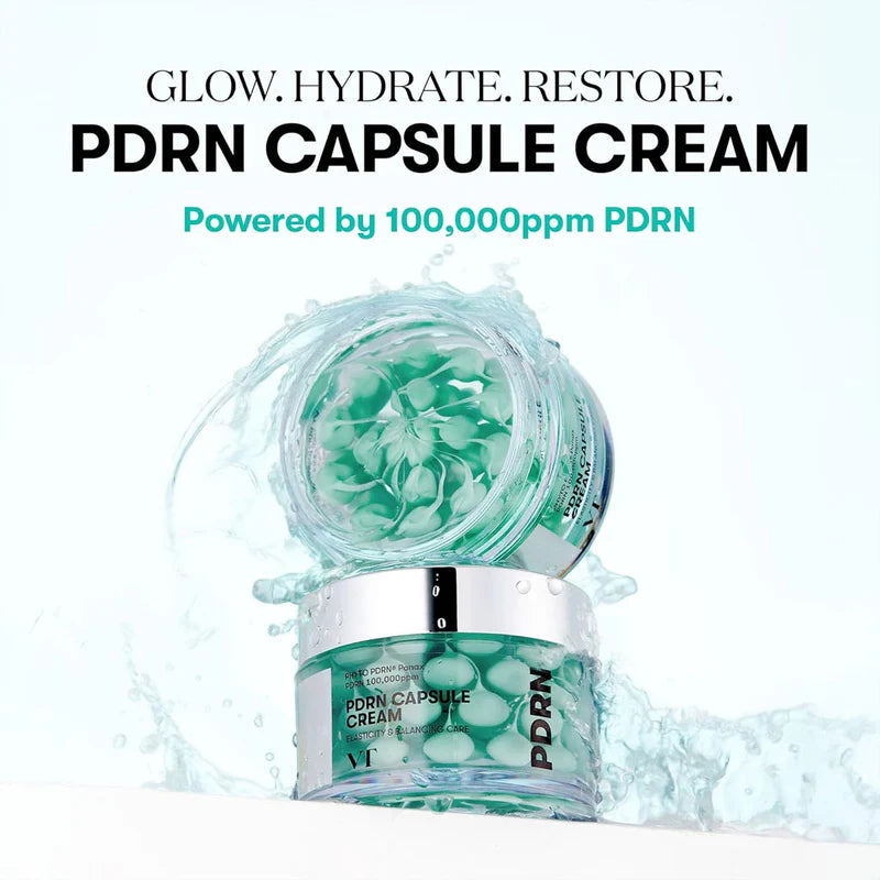 VT PDRN Capsule Cream 50ml, Korean anti-aging cream with a sleek jar and capsule design, promoting youthful skin.