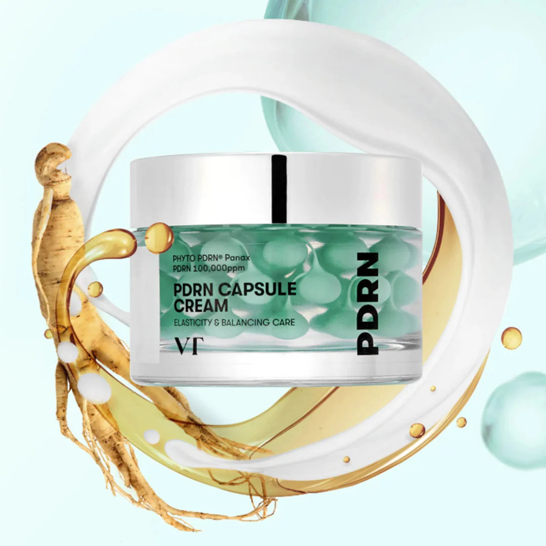 VT PDRN Capsule Cream 50ml jar showcasing the skincare cream with a sleek container and label, ideal for skin rejuvenation.