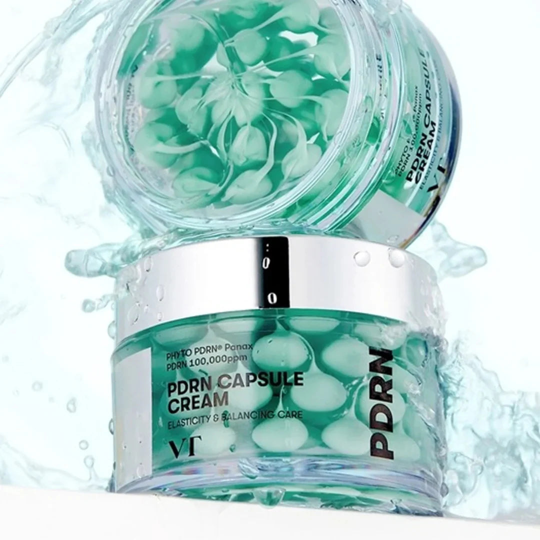 VT PDRN Capsule Cream 50ml jar featuring a sleek white container with a silver lid, highlighting its peptide skincare formula from Korea.