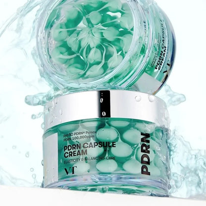 VT PDRN Capsule Cream 50ml jar featuring a sleek white container with a silver lid, highlighting its peptide skincare formula from Korea.