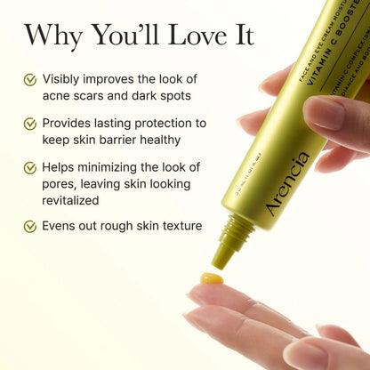 A bottle of Arencia Vitamin C Booster Shot featuring a sleek design, placed on a vanity with beauty products.