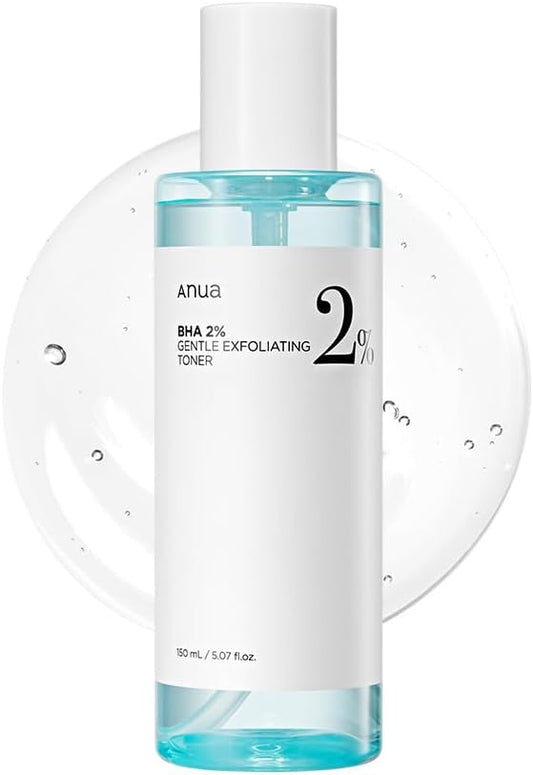 Anua BHA 2% Gentle Exfoliating Toner bottle with label, close-up shot showcasing skincare product for clear, smooth skin.