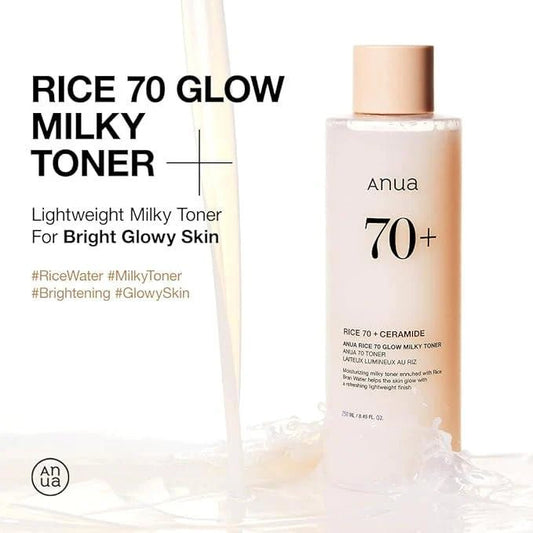 Anua Rice 70 Glow Milky Toner bottle with a white cap and label, featuring a soft pink and white design.
