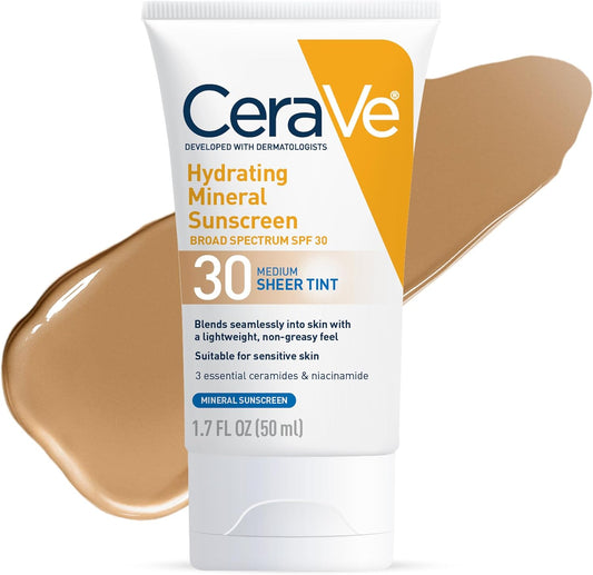 Cerave Hydrating Mineral Sunscreen SPF30 with sheer tint, broad spectrum face sunscreen, featuring a lightweight, hydrating formula.