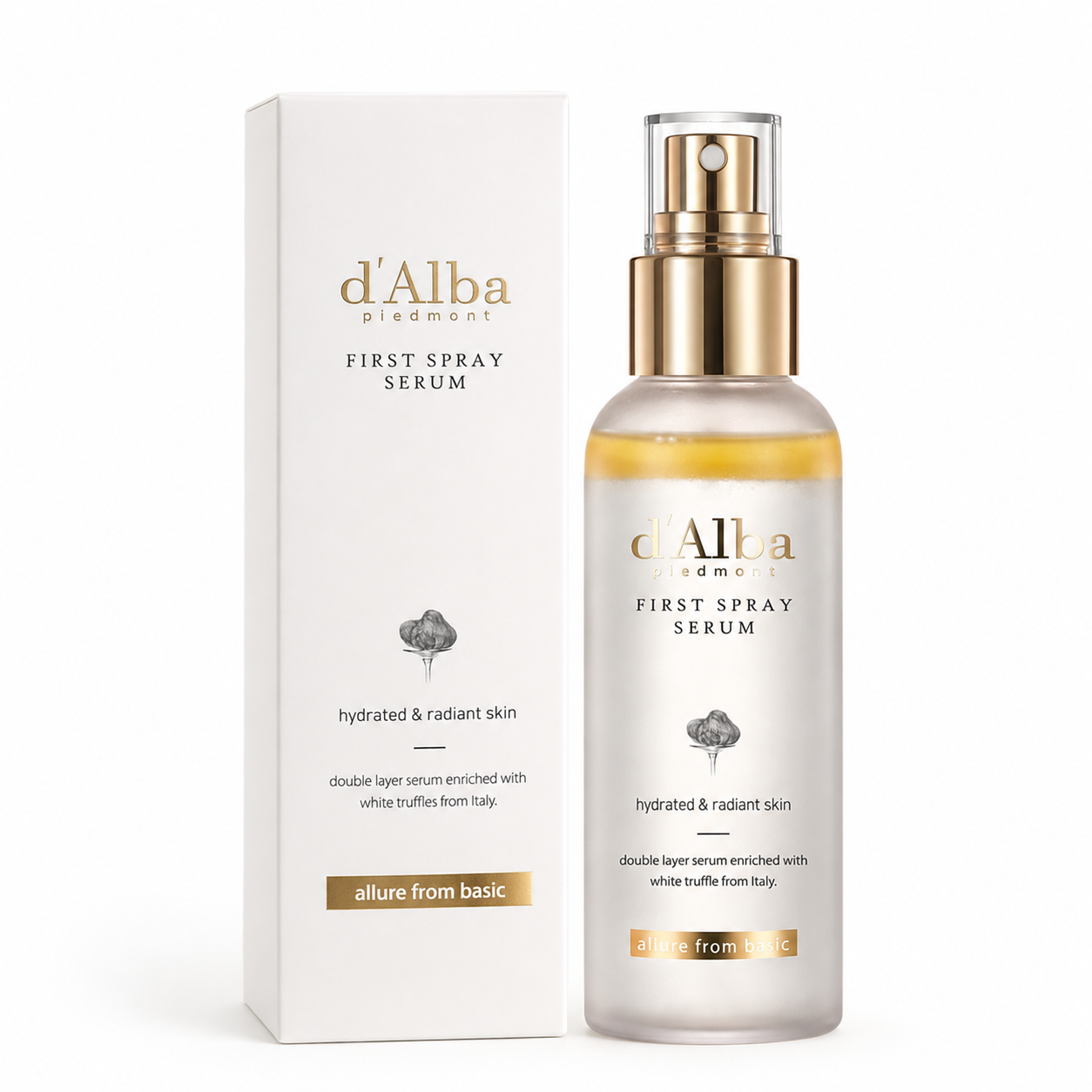 d'Alba White Truffle First Spray Serum 100ml bottle and box on white background