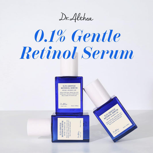DR ALTHEA 0.1% Gentle Retinol Serum in a 30ml bottle, featuring a clear serum for skincare and skin renewal.