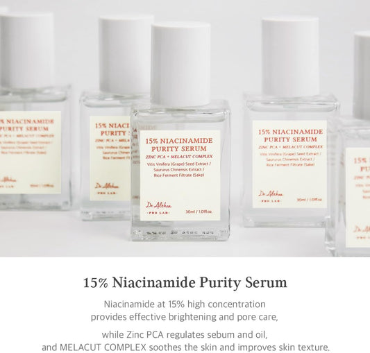 Dr Althea 15% Niacinamide Purity Serum bottle showing the serum's sleek packaging and label on a white background.