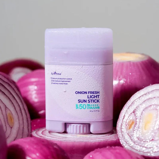 Isntree Onion Flesh Light Sun Stick with white and red packaging, portable sun protection stick for face and skin.